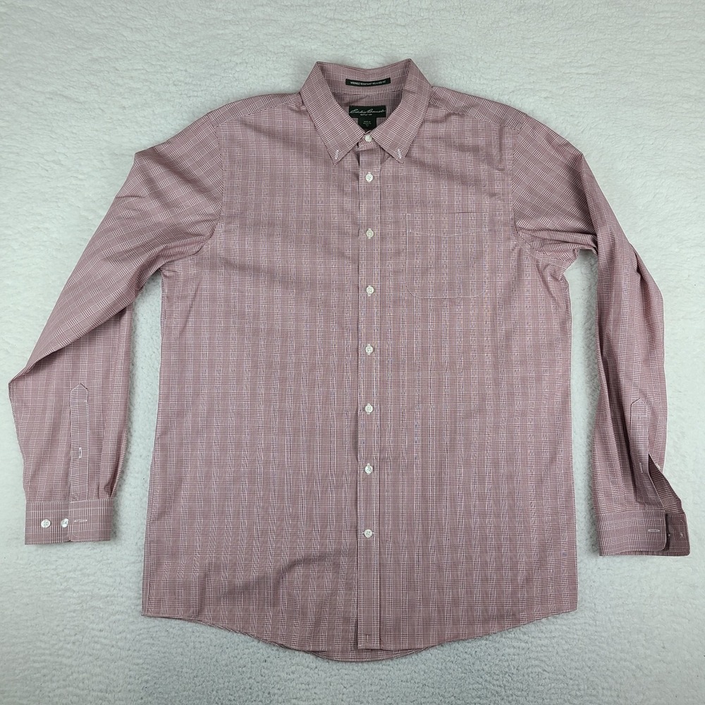 Eddie Bauer Shirt Mens TXL XL Tall‎ Red Plaid Wrinkle Resistant Dress Button Up